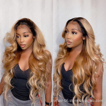 ISEE Hot Sale T1B/27 Honey Blonde Piano Color Lace Front Human Hair Wigs,180% Transparent Highlight Long Ombre Wig Vendors